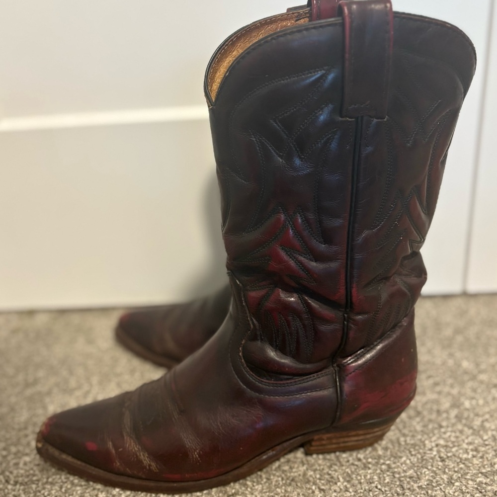 Vintage Dark Red‎ Leather Western Cowboy Boots Men's Size 8.5 Women's Size 10